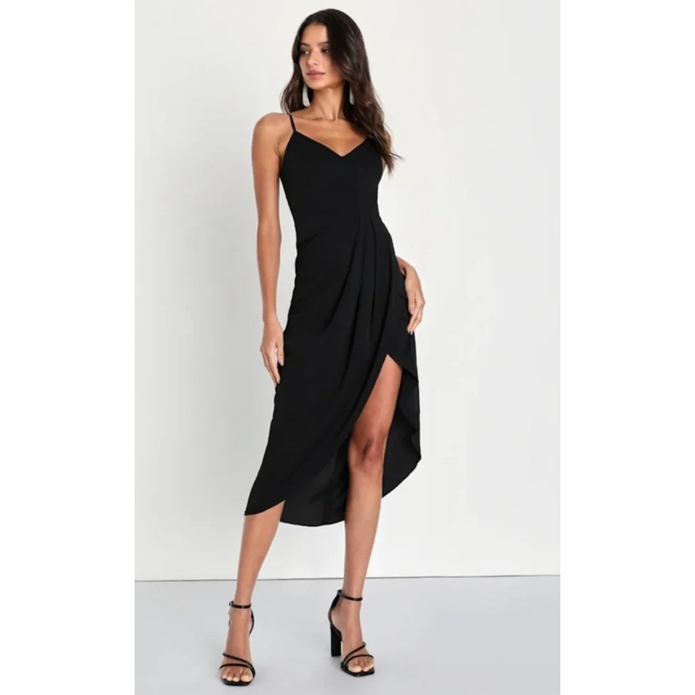 Lulus Reinette Dress Sz S NEW Cocktail Midi Sleeveless Tulip Hem Black‎ Ruched